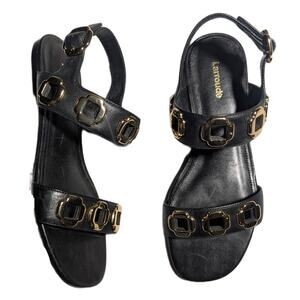 Larroude Milan Black Leather Gold Grommet Double Strap Slingback Flat Sandals 7